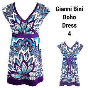 Gianni Bini Boho Dress Purple Aqua Blue White Tan Size 4 Paisley V-Neck